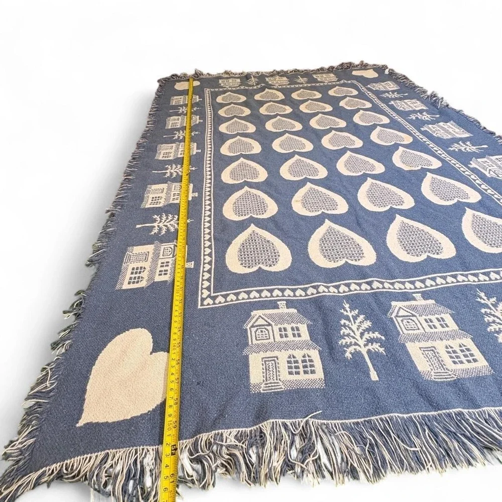 Vintage 90s Farmhouse Cottagecore Fringe Heavy Throw Blanket Country Blue